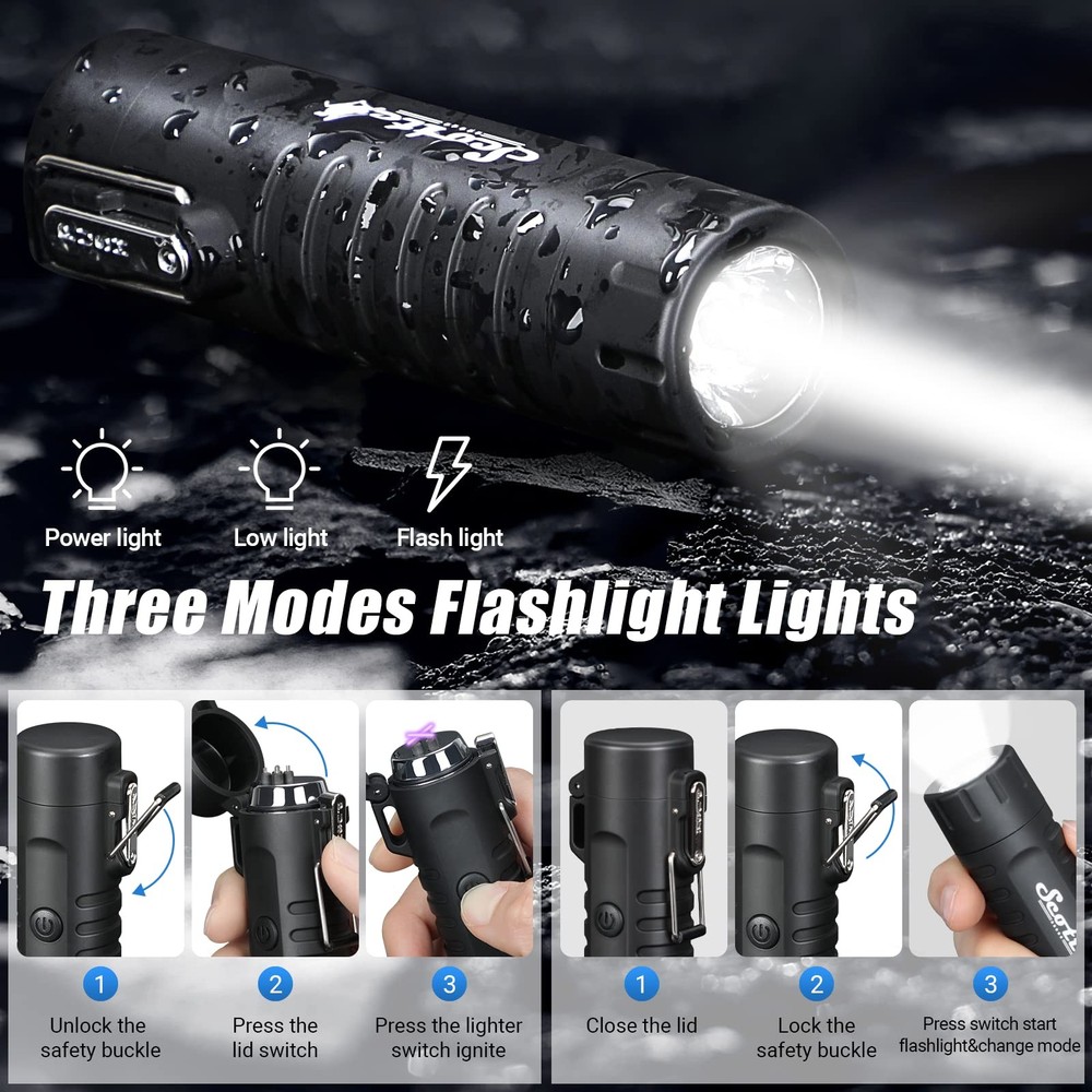Scotte Plasma Windproof Electric Lighter & Flashlight 2 Piece Set, Black,