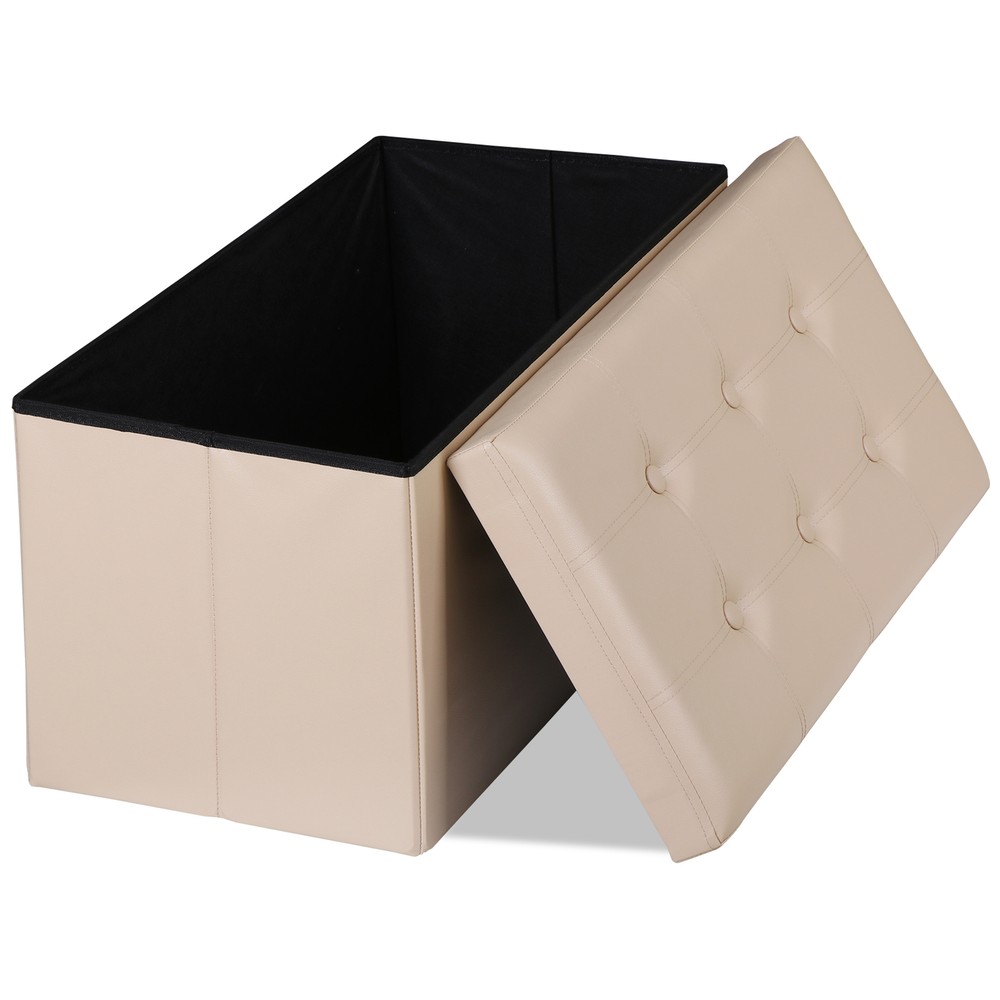 Folding Storage Ottoman 350 lb Load Capacity Storage Bench Footrest Beige