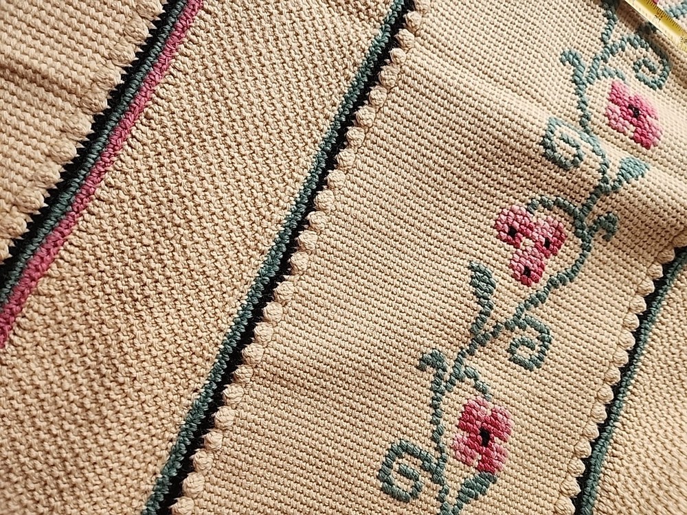 Hand Crocheted + Needle Work. Throw Blanket Cream With Flowers. 62x40