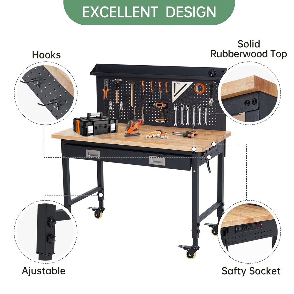 ✔️48" Work Benches for Garage Adjustable Workbench Wheels Pegboard Drawers 2000L