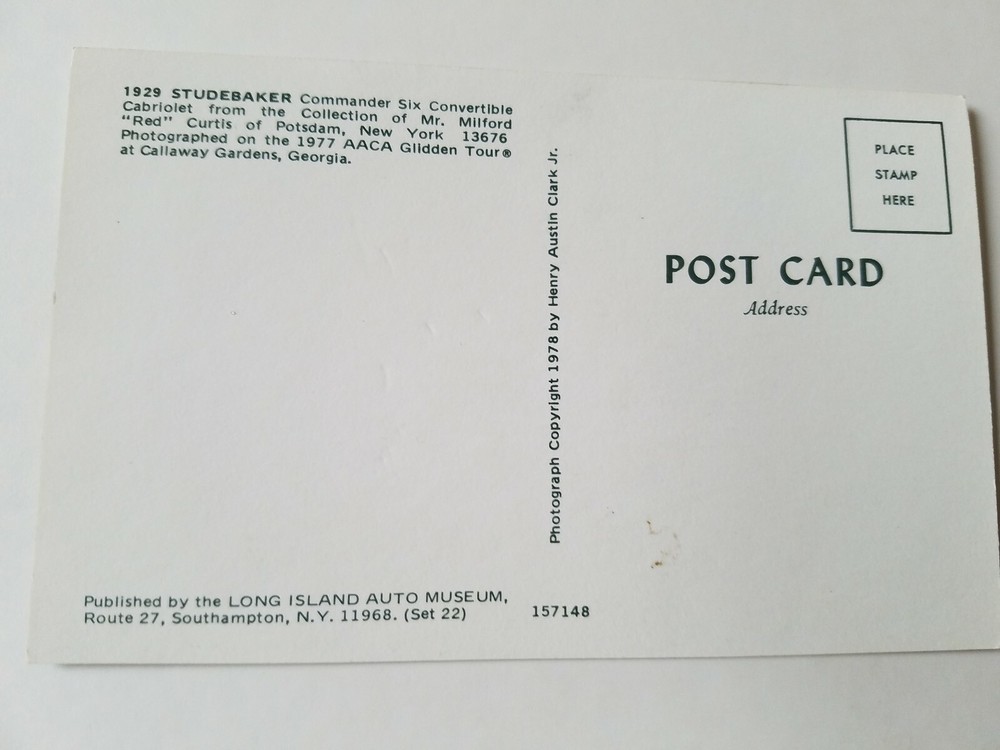 Studebaker - 1929 Commander Six unused postcard