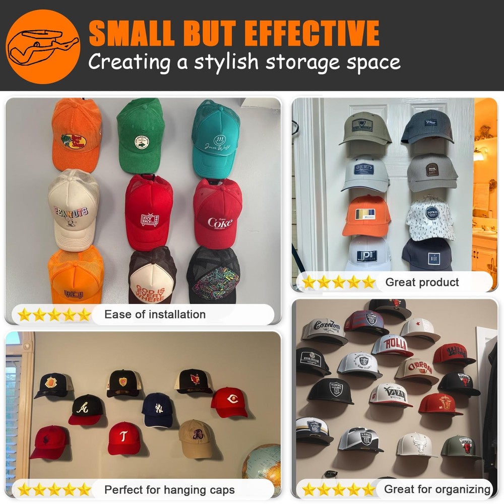 24 Pack Adhesive Hat Hooks for Wall, Strong Rack Baseball Caps, Black