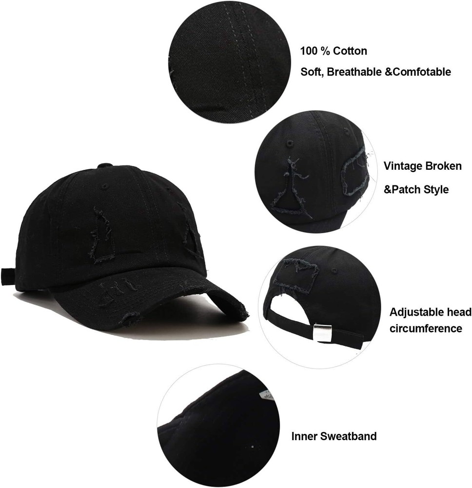 Ripped Patch Baseball Cap Vintage Distressed Low Profile One Size, Black