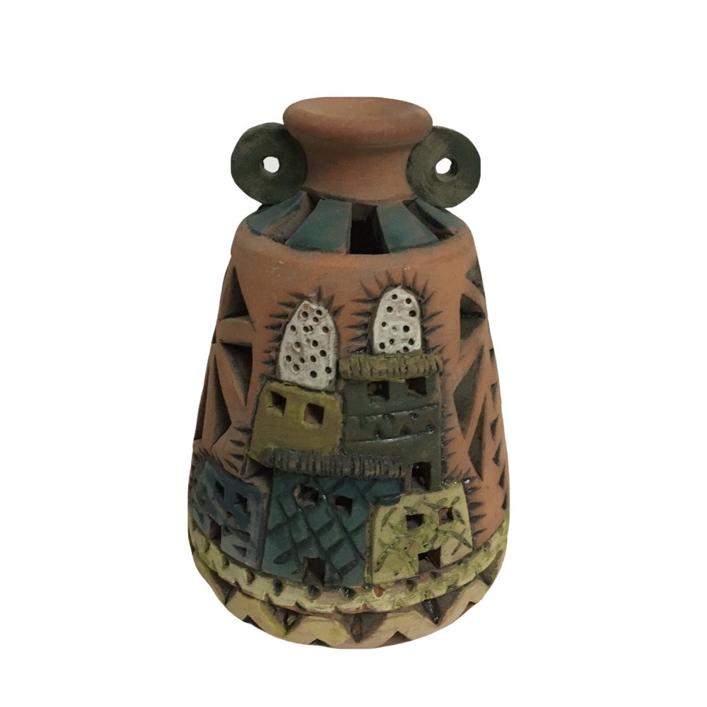 Handmade Pottery Vase Ceramic Inuit Aztec Print Multicolor Terracotta