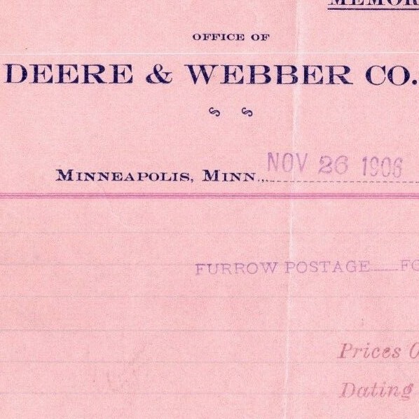 Scarce 1906 John Deere / Deere & Webber Debit Memo #12211