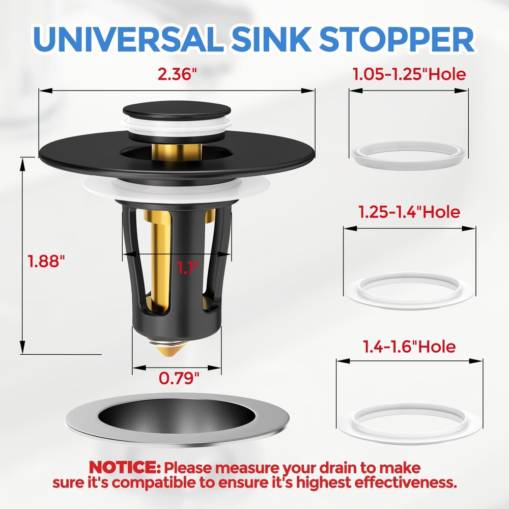 zaa Bathroom Sink Stopper - 2Pack U.S.Standard, Black