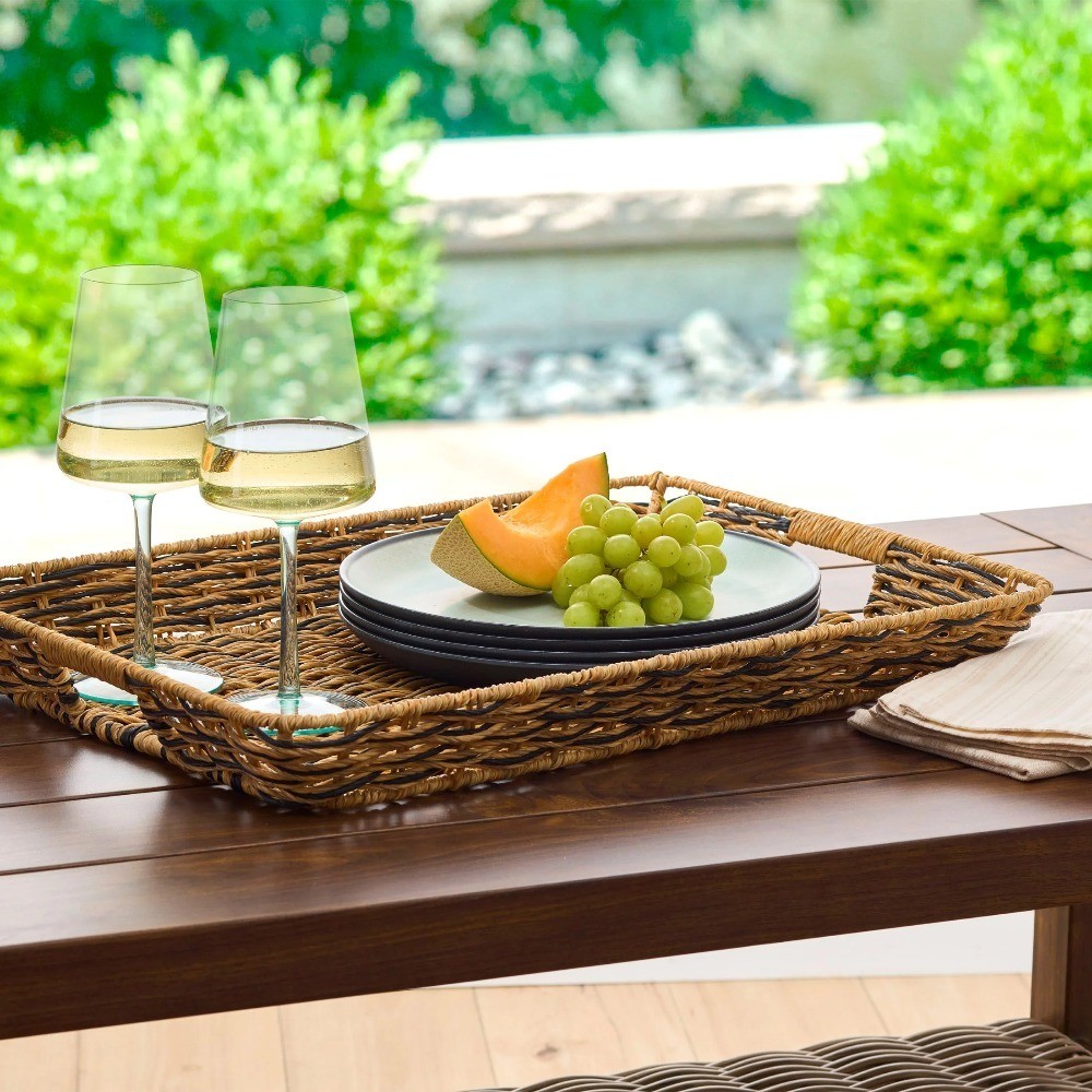 Rectangular Serving Tray Beige and Black Resin Rattan Weave Decorative Dining