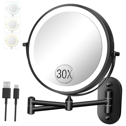 30X/1X Wall Mounted Lighted Makeup Mirror, 8'' Double Sided Rechargeable Black