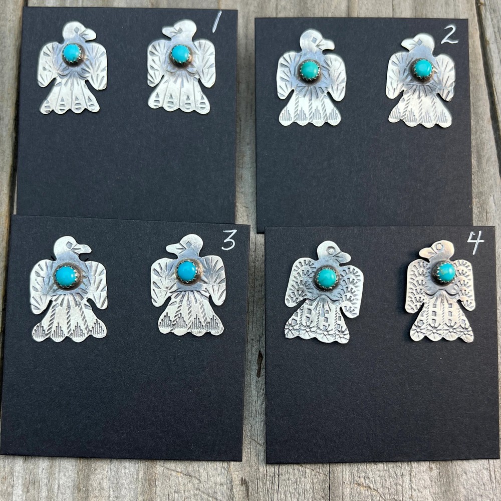 Turquoise thunderbird stud earrings oxidized Sterling silver Navajo Tim Yazzie
