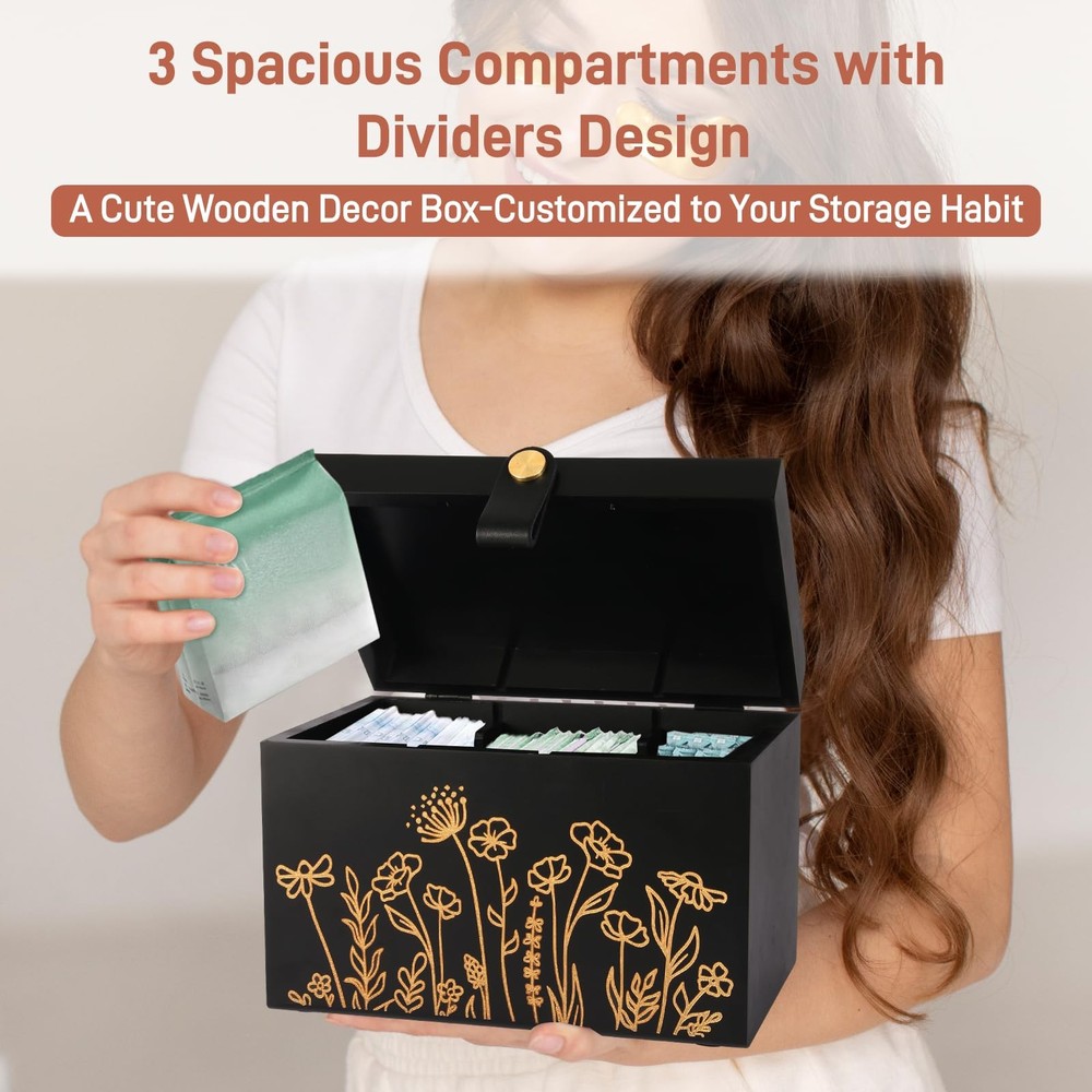 100% Solid Wood Tampon Holder with Lid, Copper Leather Pull, Absolute Real Wo...