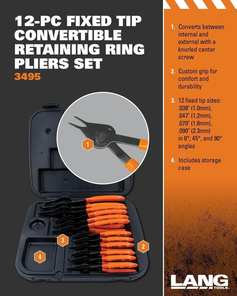 Lang 12pc Convertible Retaining Snap Ring Plier Set Internal External Circlip
