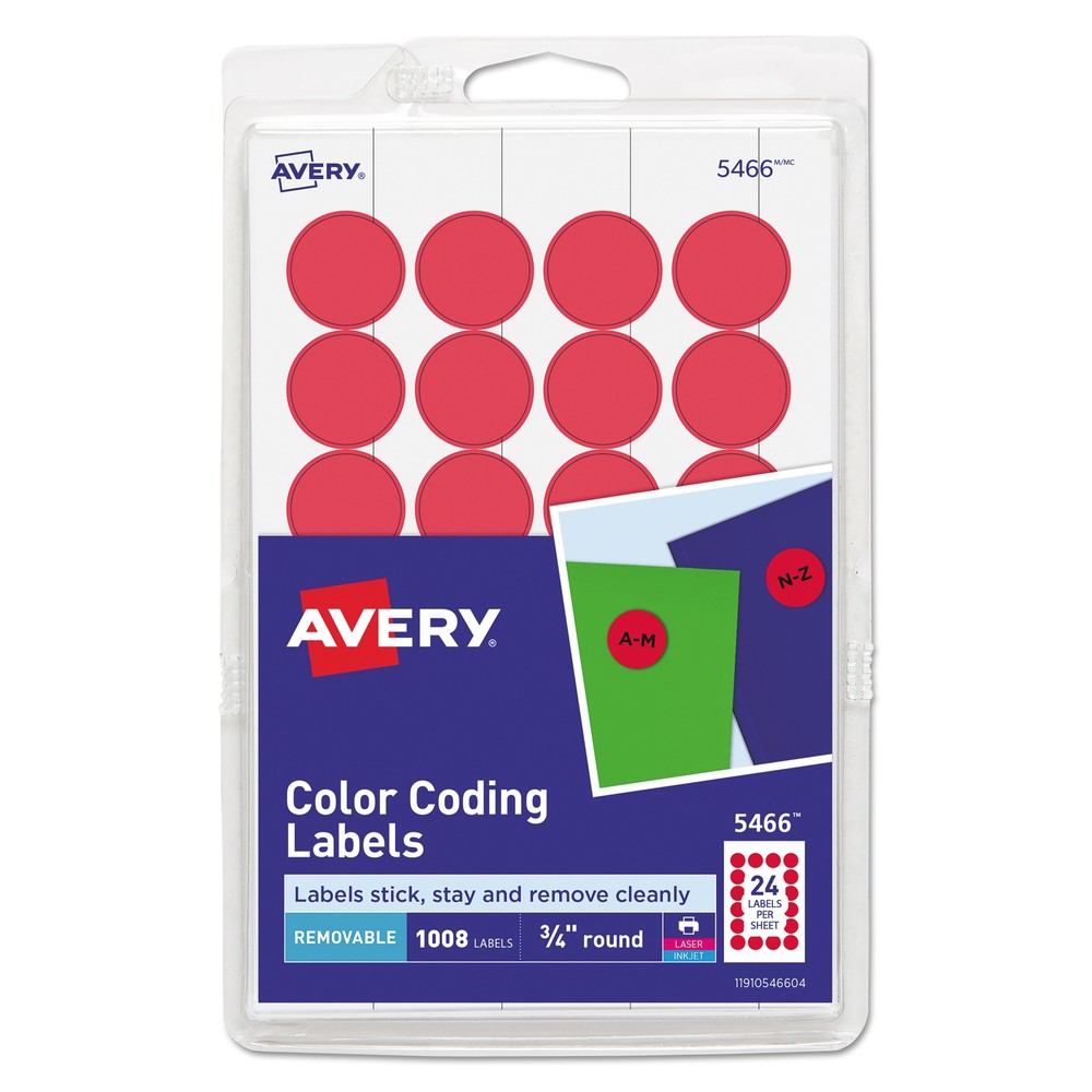 Avery® Printable Removable Color-Coding Labels, 3/4" dia, Red, 1008/Pack