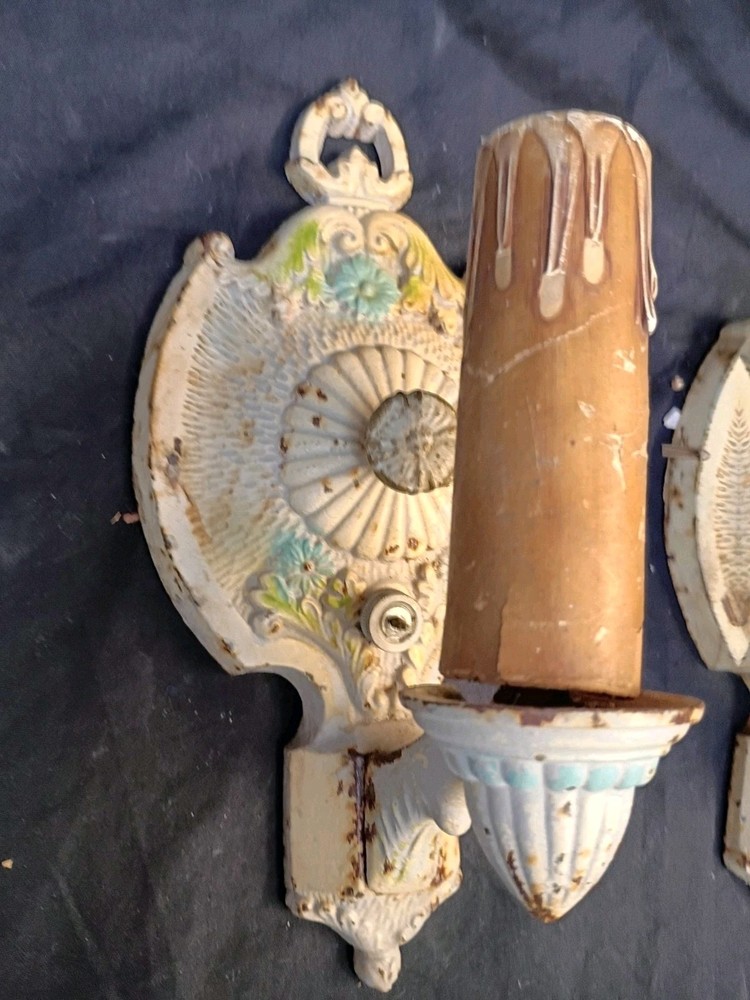 Antique Pair Single Arm Wall Sconces Original Paint Cast Iron