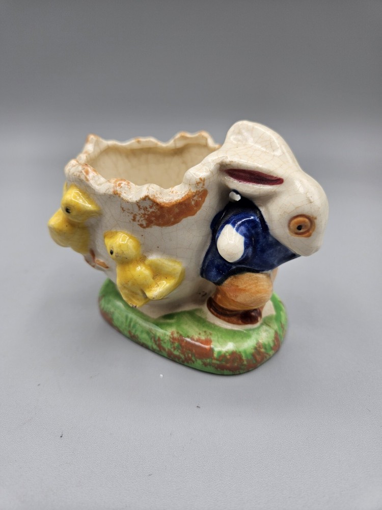 Antique Vintage Mini Bunny & Chicks w/ Broken Egg Planter