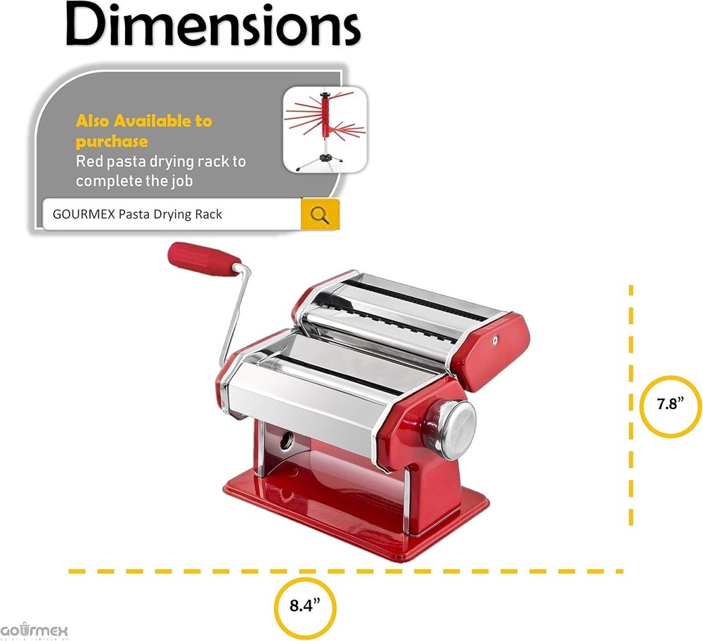 Professional-Grade Manual Pasta Maker with 7 Settings & Compact Storage, Red