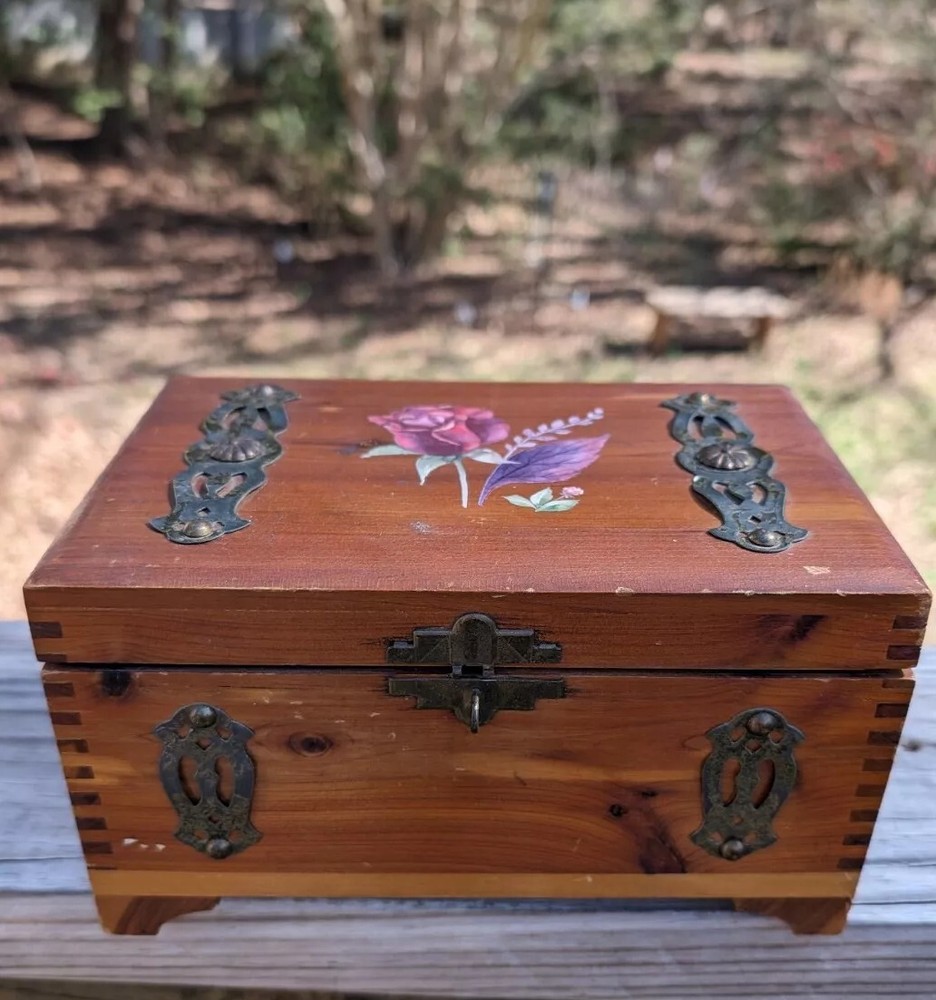 Mini Cedar Chest With Rose Design Vintage Well Kept