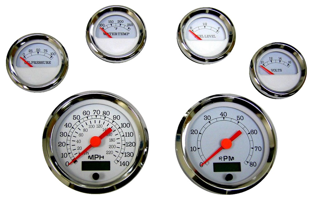 Speedometer, programmable, 3-3/8"/86mm,140 MPH,LED light,white/chrome,043-SP-WC
