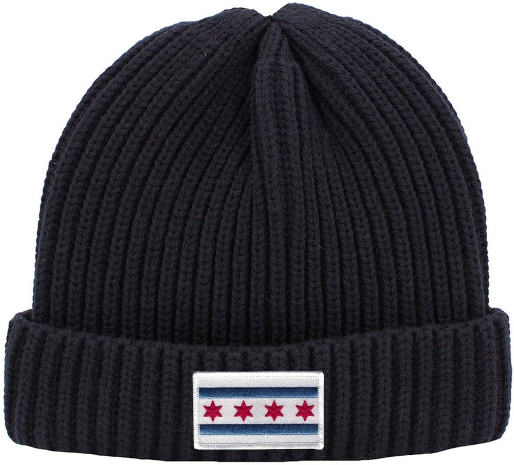 Chicago Flag Patch Cuffed Ribbed Beanie Hat Navy