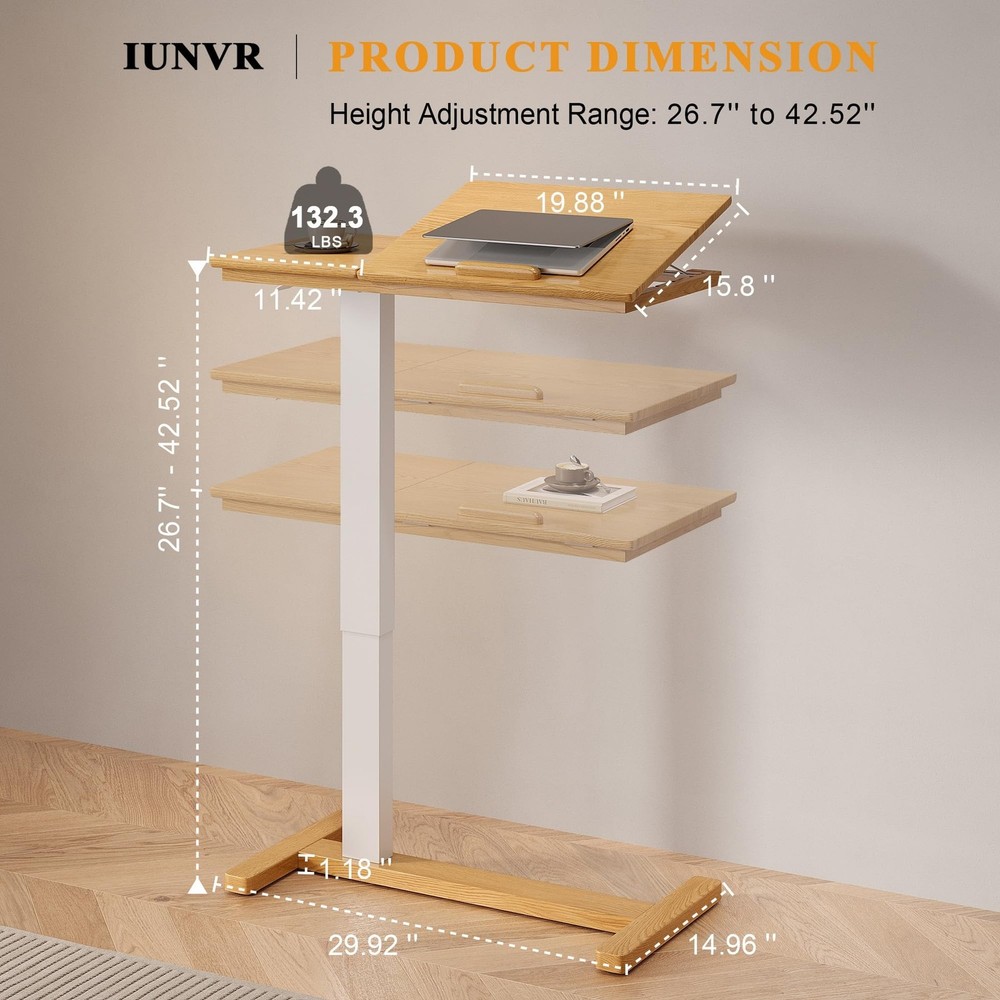 Solid Wood Overbed Bedside Table with Hidden Casters, Adjustable Hospital Bed...