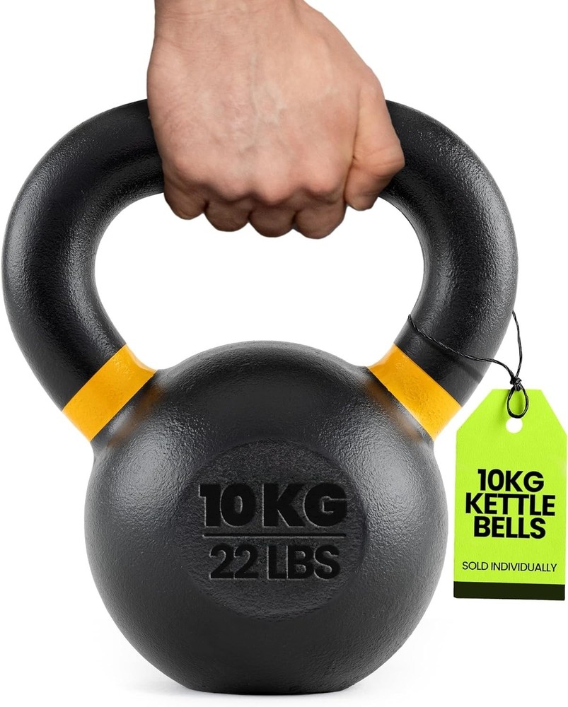 Single Cast Iron Kettlebell | Powder Coated - Wide Handle Weights for Core & ...