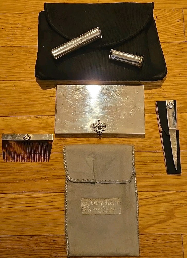 Georg Jensen Sterling Silver Lipstick, Comb, Atomizer, File, Cigarette Case Set
