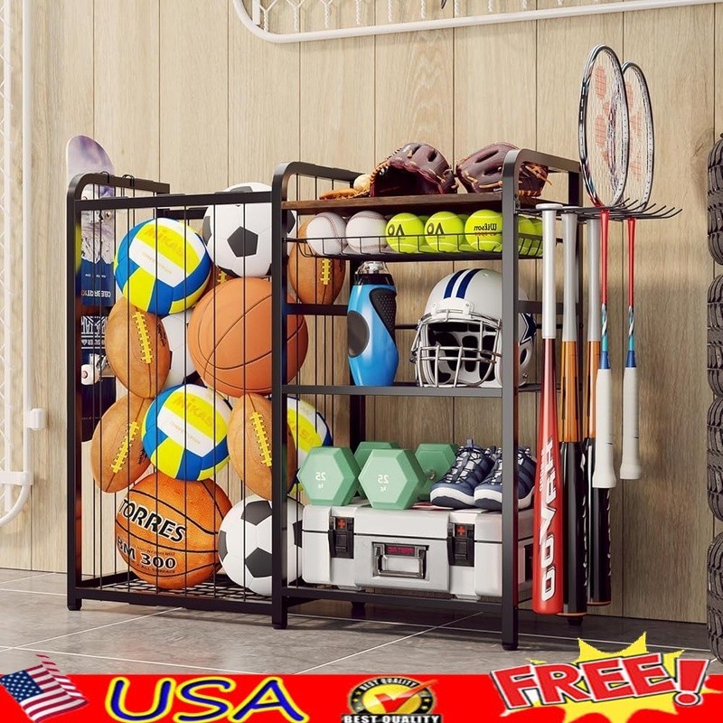 Sports Ball Storage Rack W/ Pull-Out Basket Multi-Function Hooks Organizer Black