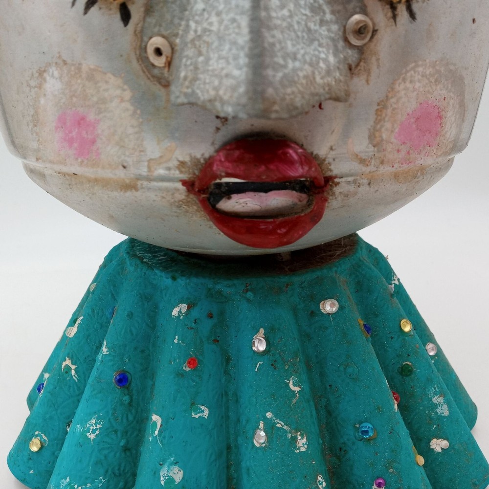 Robot Art Turquoise Planter OOAK Humanoid Assemblage Character Vintage