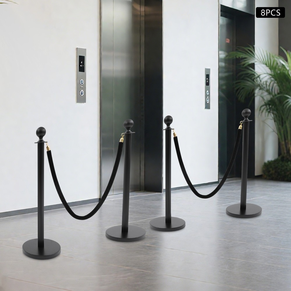 8PCS Black Stanchion Posts Queue Pole with 4 Velvet Ropes Crowd Control Barrier