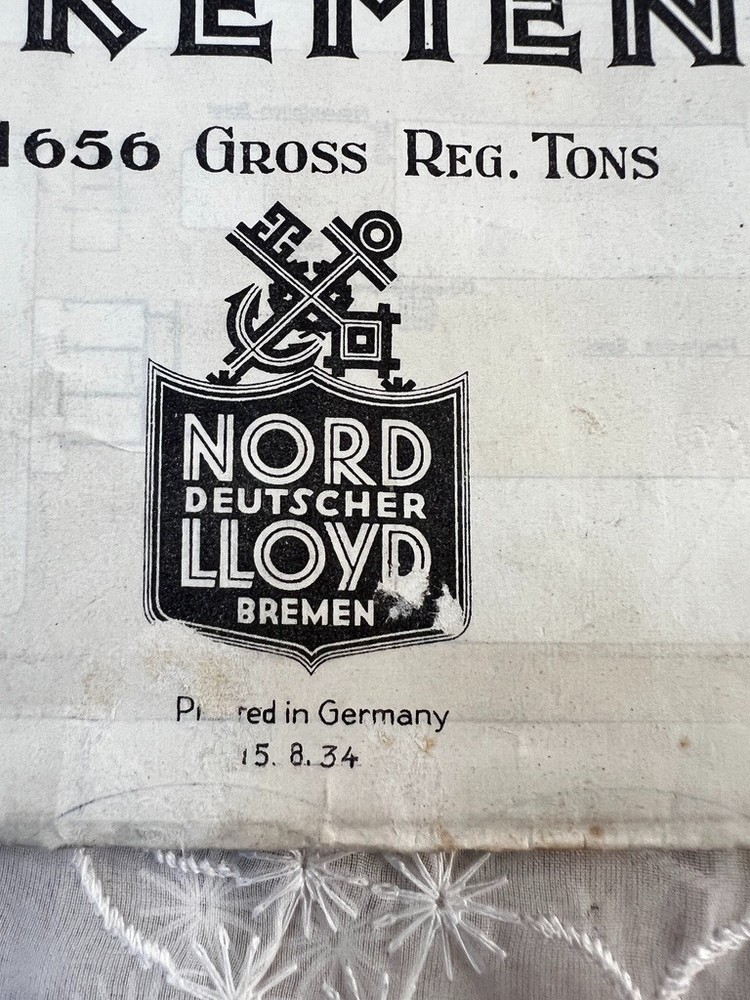 Vintage 1934 North German Lloyd BREMEN First & Second Class Deck Plan