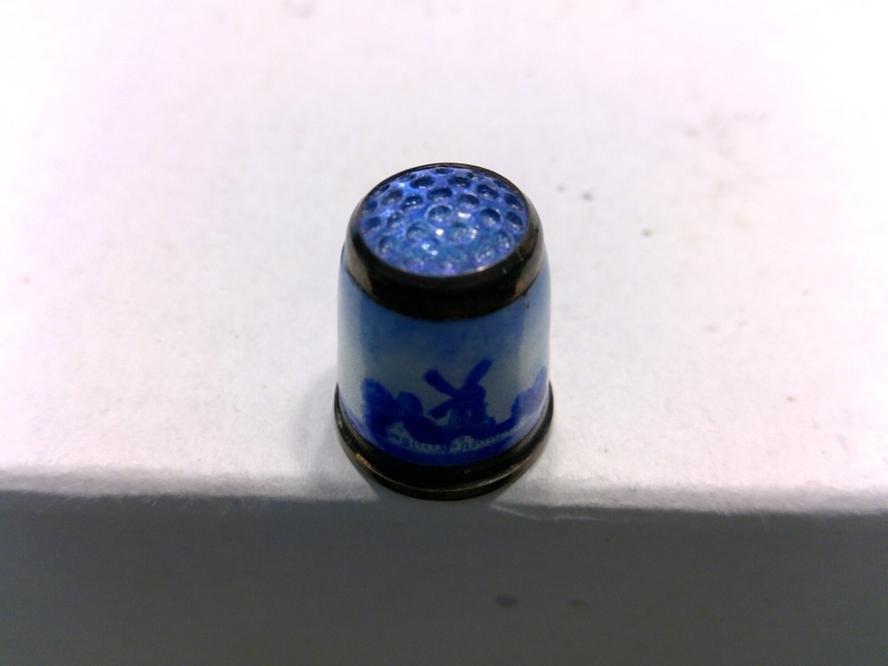 Sterling Silver & Enamel Thimble - Blue Farm Scene Windmill - AS IS