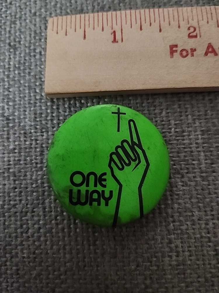 One Way Cross And Hand Religious Pinback Button VTG
