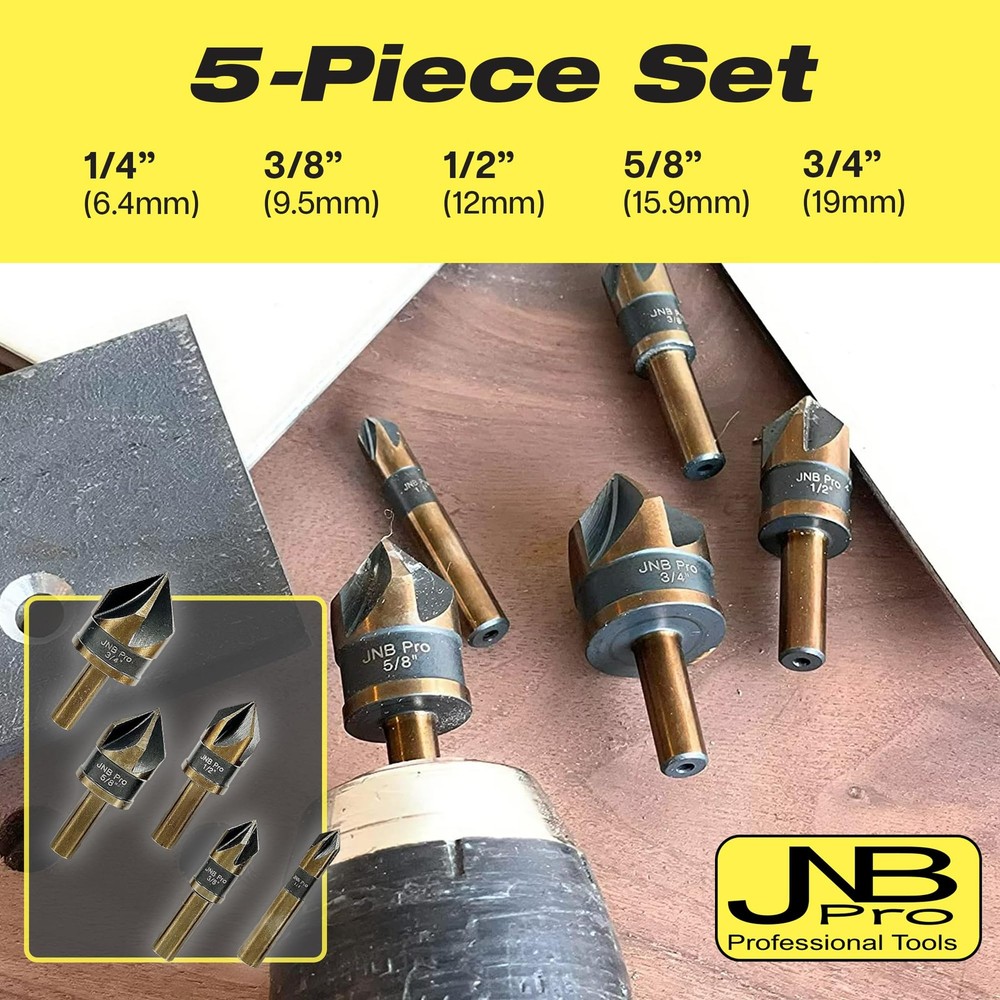 JNB Pro 5PC Countersink Bits for 3/4", 1/2", 3/8", 5/8", 1/4", Gold, Black
