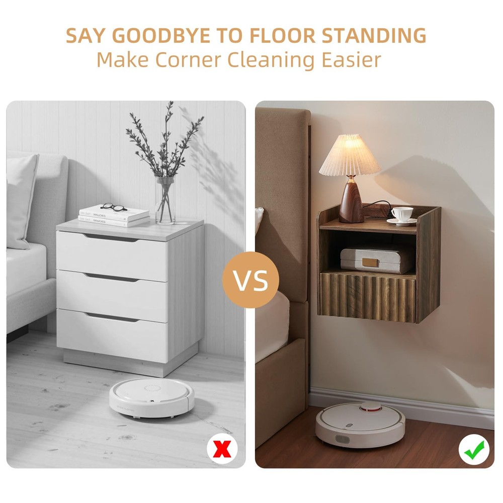 Modern Fluted Floating Nightstand Wall Mounted - Bedside Table with Storage D...