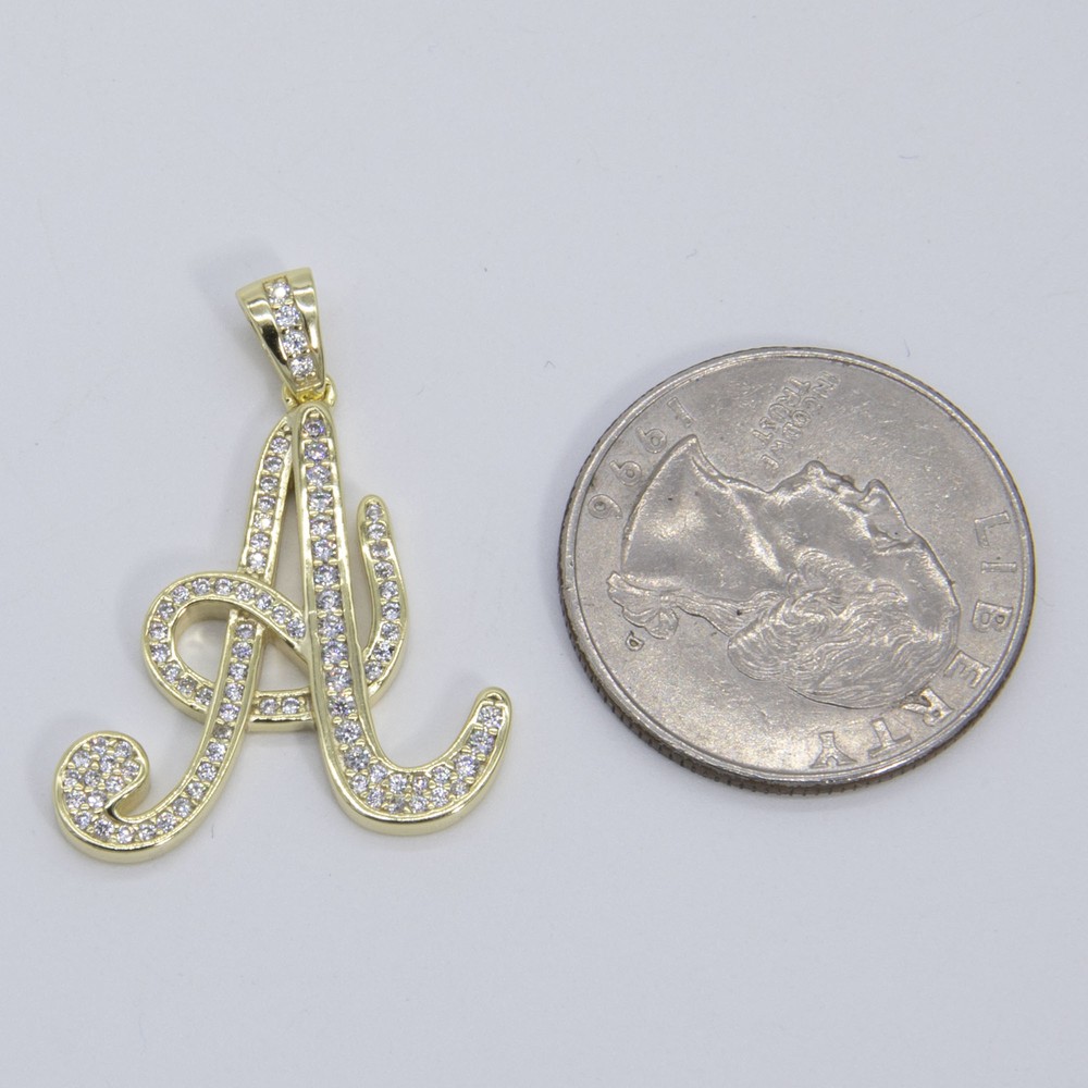 1" CZ Cursive Initial Letter Pendant Yellow White Sterling Silver 925