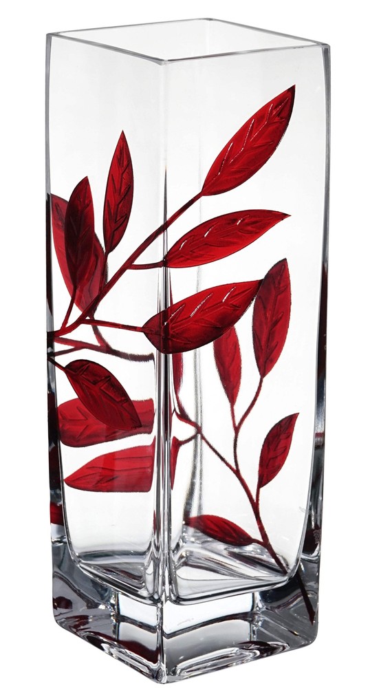 Luxury Hand Blown Glass Vase - Etched & Painted Ruby Leaves - Square Vase Red -