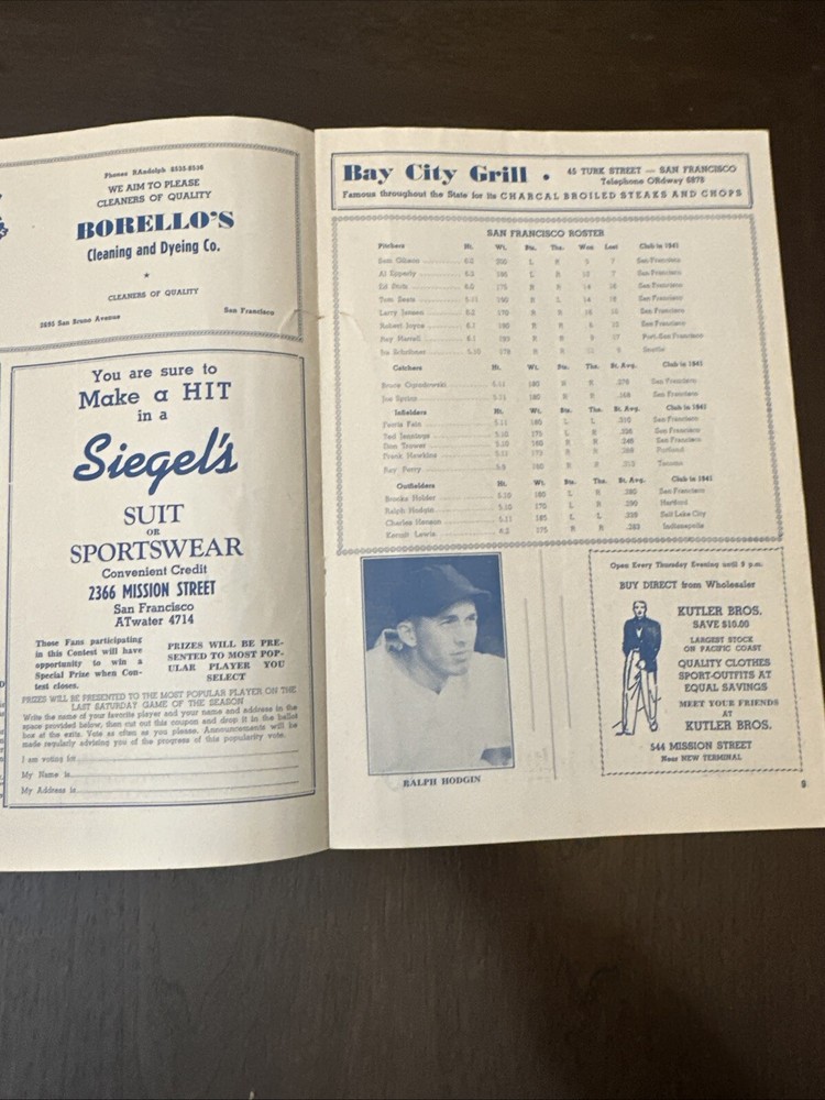 1942 Program Sam Francisco Seals vs Hollywood Stars Scored