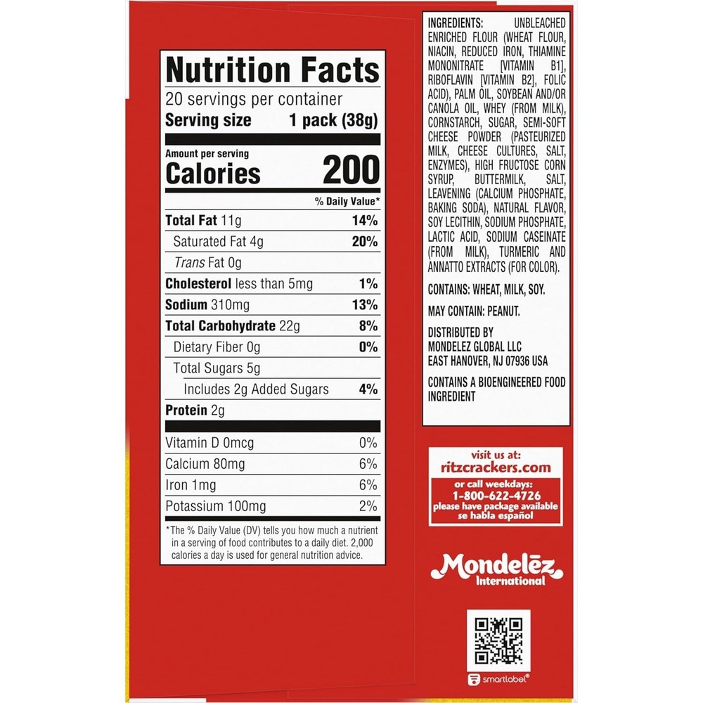 RITZ Cheese Sandwich Crackers, Lunch Snacks, 20 Snack Packs (6 Crackers Per Pack