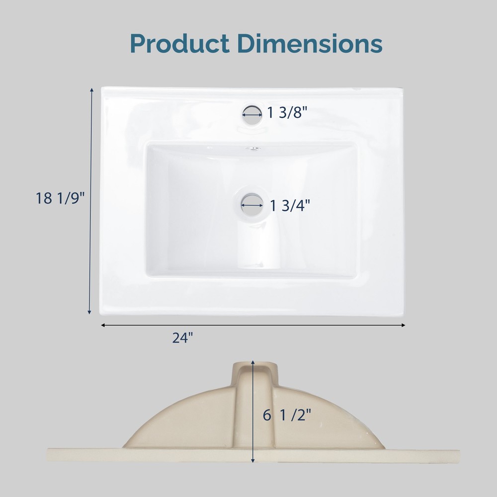 24" Ceramic Vanity Top Sink, Modern Rectangular Bathroom Basin with Faucet Hole