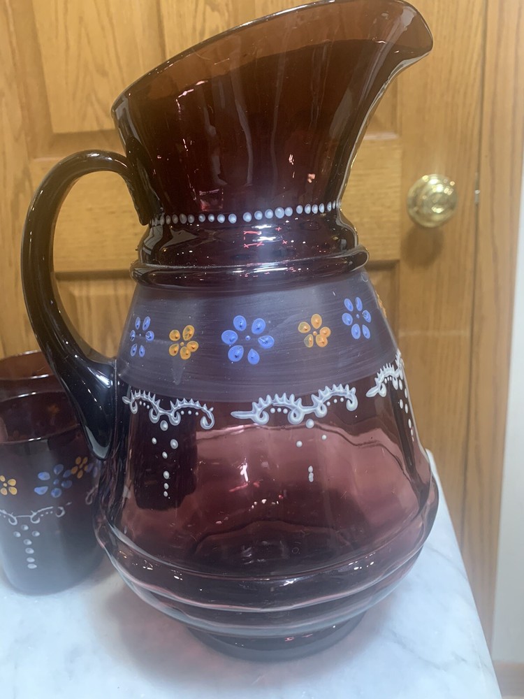 Vintage Hand Painted Pressed Glass Pitcher and Cup Set