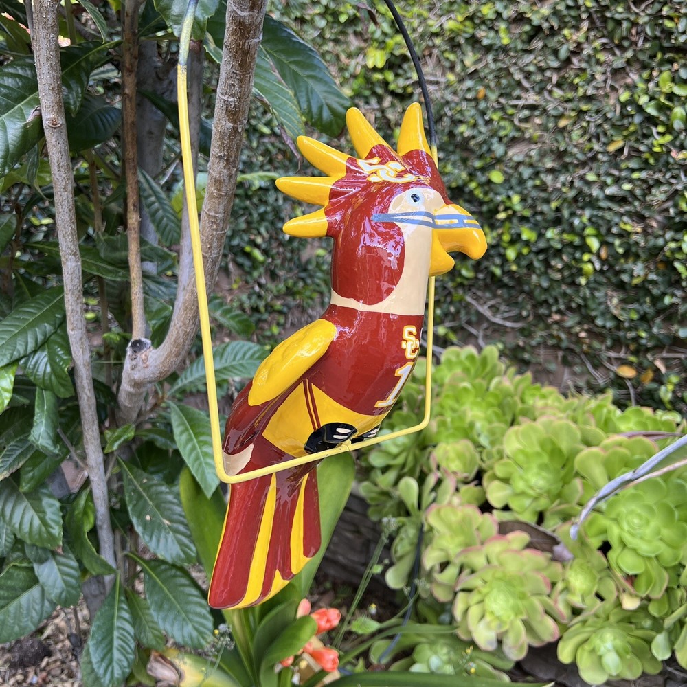 USC Trojans Handmade Ceramic Macaw Parrot Bird On Line Perch