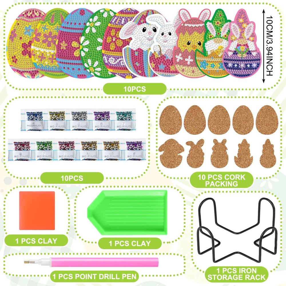 FairySandy 10 Pcs Easter Diamond Painting Coasters Egg Bunny Medium, As Shown