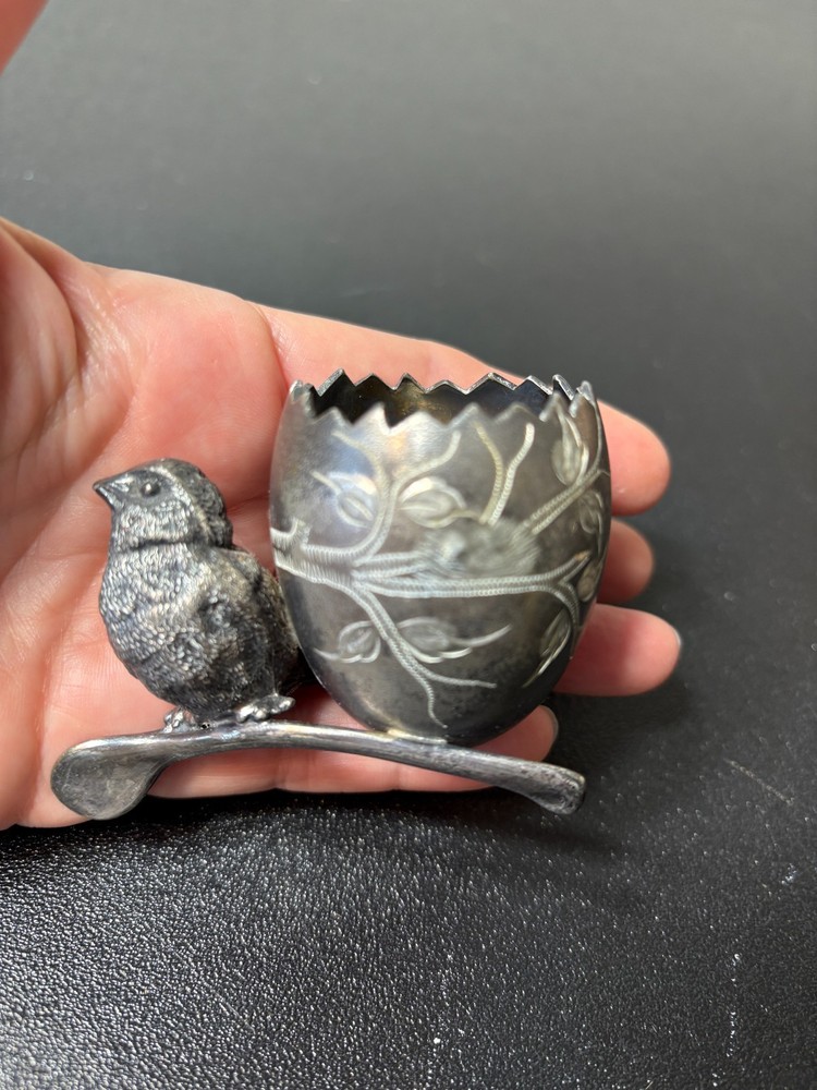 Antique Silver Plate Egg Cup With Bird & Wishbone
