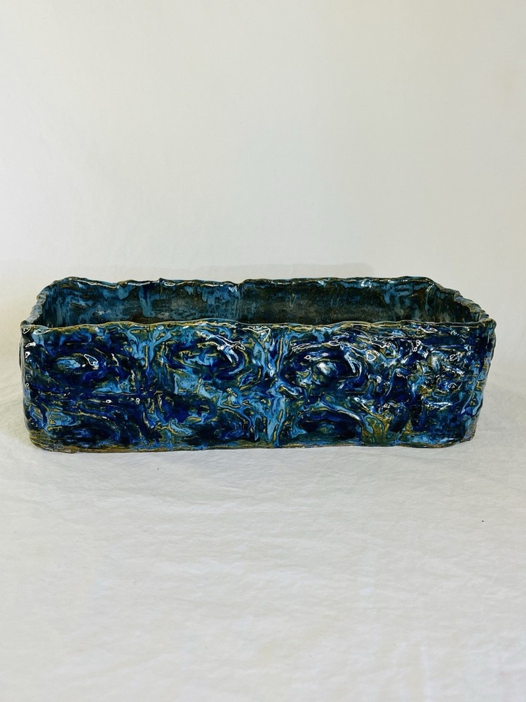 Vintage Ceramic Planter in Brutalist MCM Style Blue and Green Rectangular
