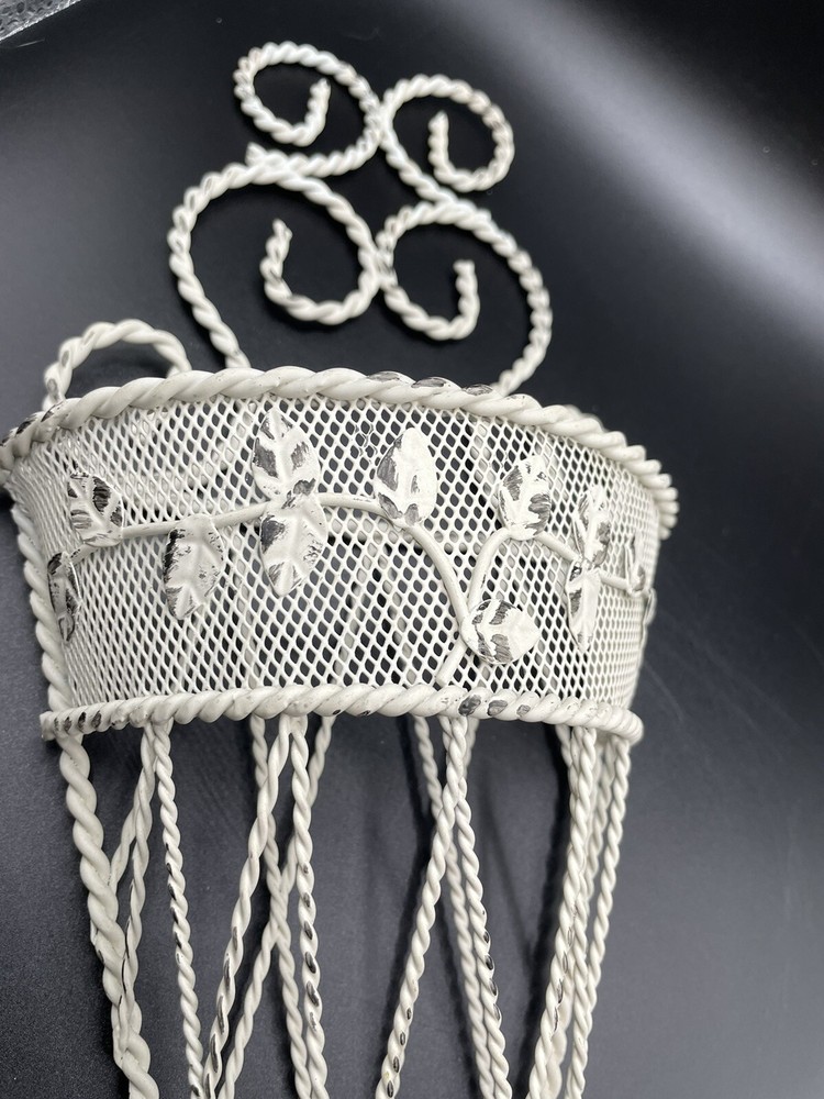 Twisted wire - distressed wall mounted basket, cone shape white 15 x6