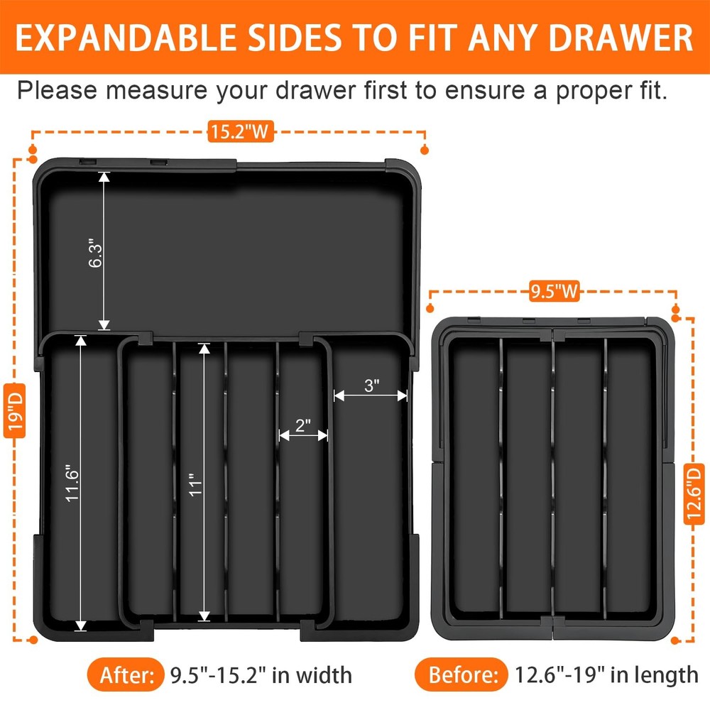 Spaclear Silverware Organizer - Expandable Kitchen Drawer Organizer, Black