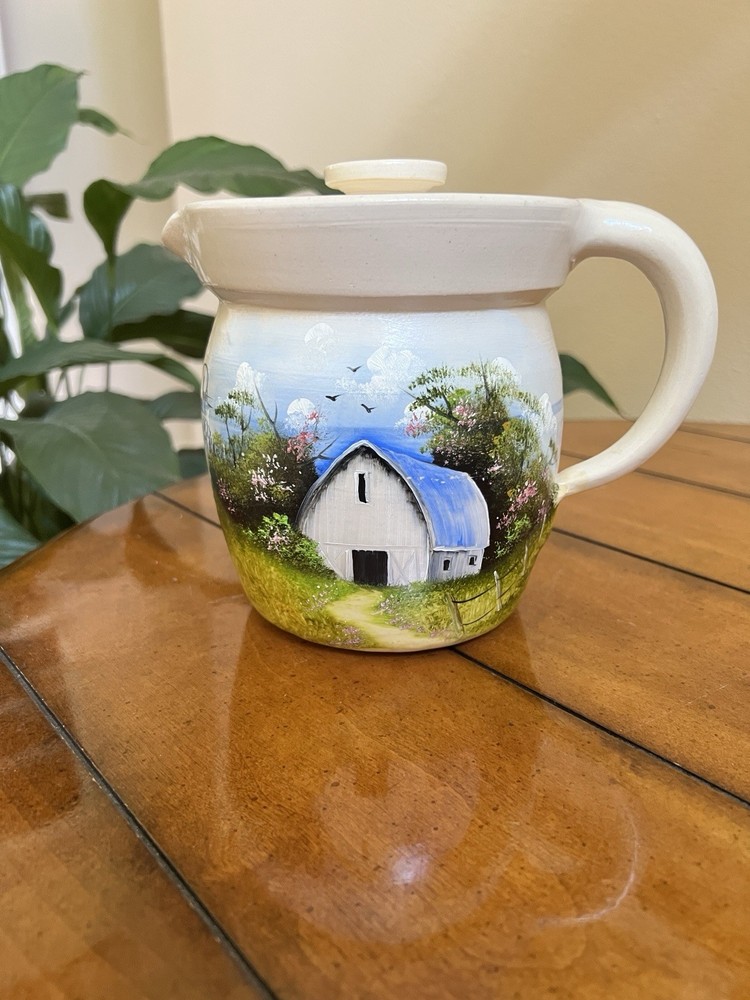 Vintage Hand-painted Farm Barn Scene on Ceramic Handled Pitcher Signed