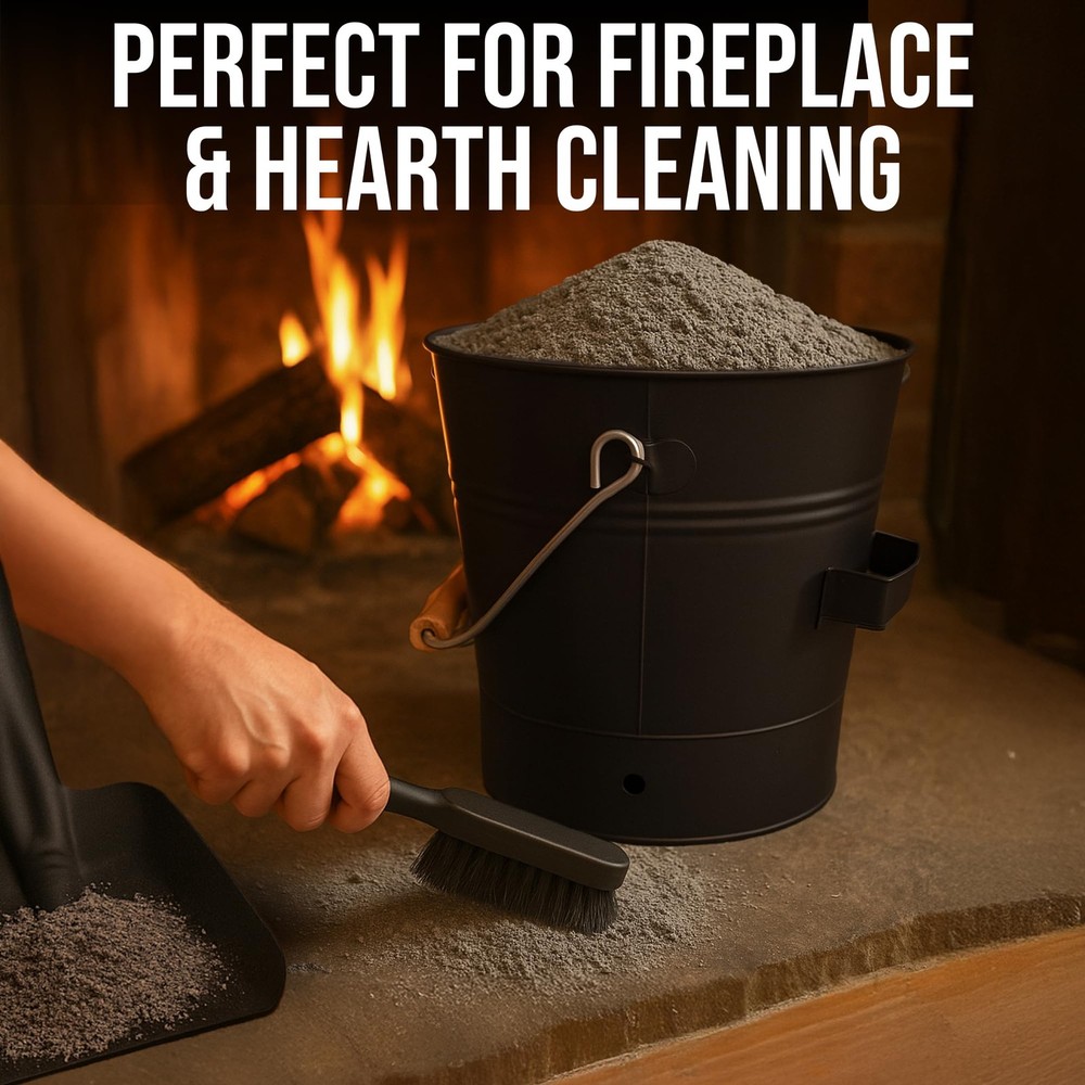 Black Ash Bucket with Lid, Complete Fireplace Tools Set, Includes Pail, Shove...