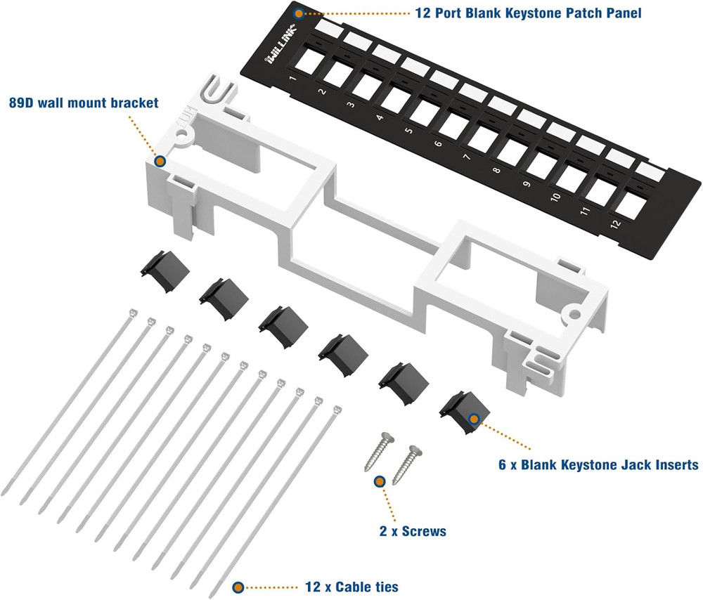 Blank 12-Port Keystone Patch Panel with 89D Wall Mount Bracket, Versatile Vertic