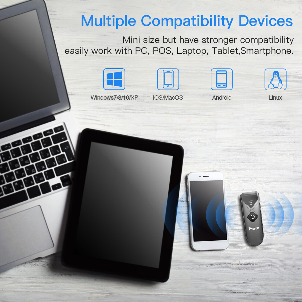 EYOYO Mini Wireless 2D QR Code Barcode Scanner Bluetooth USB Reader for PC Phone