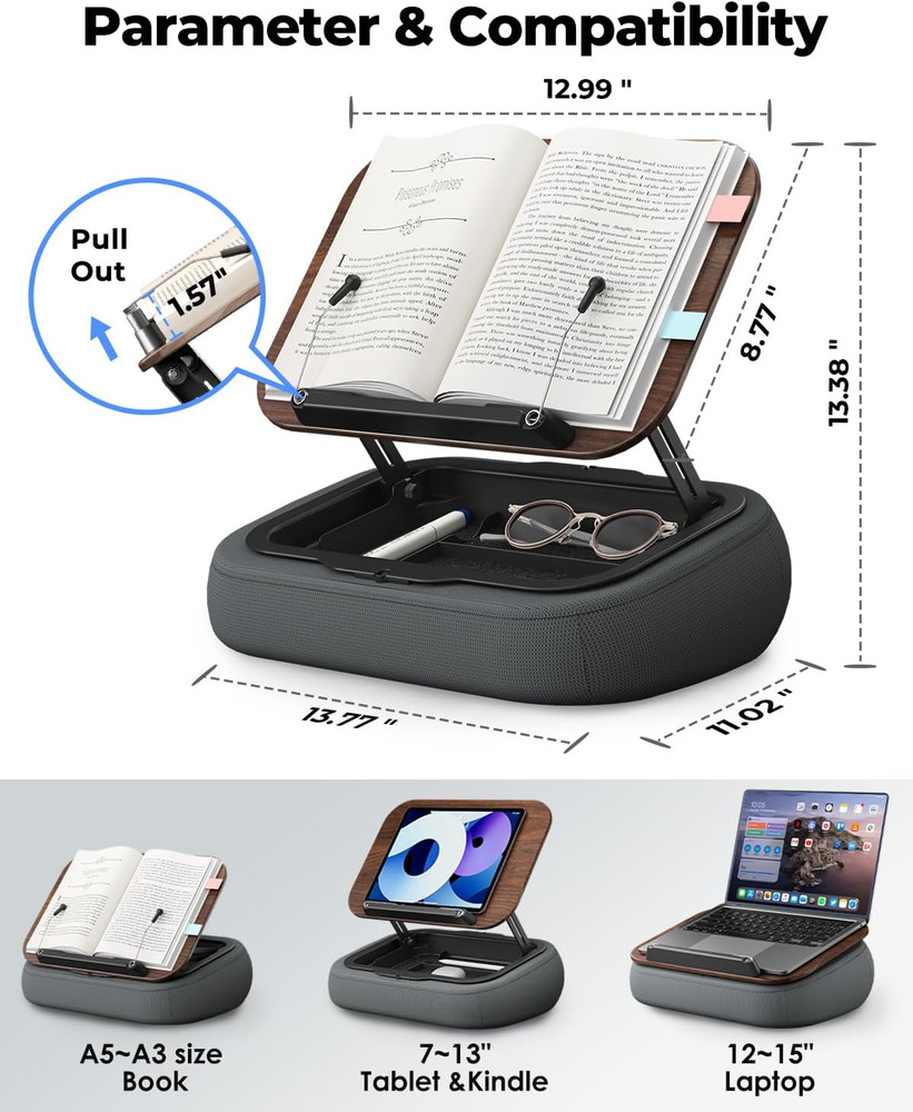 Lap Book Pillow Stand with Storage Adjustable Beanbag Reading Pillow
